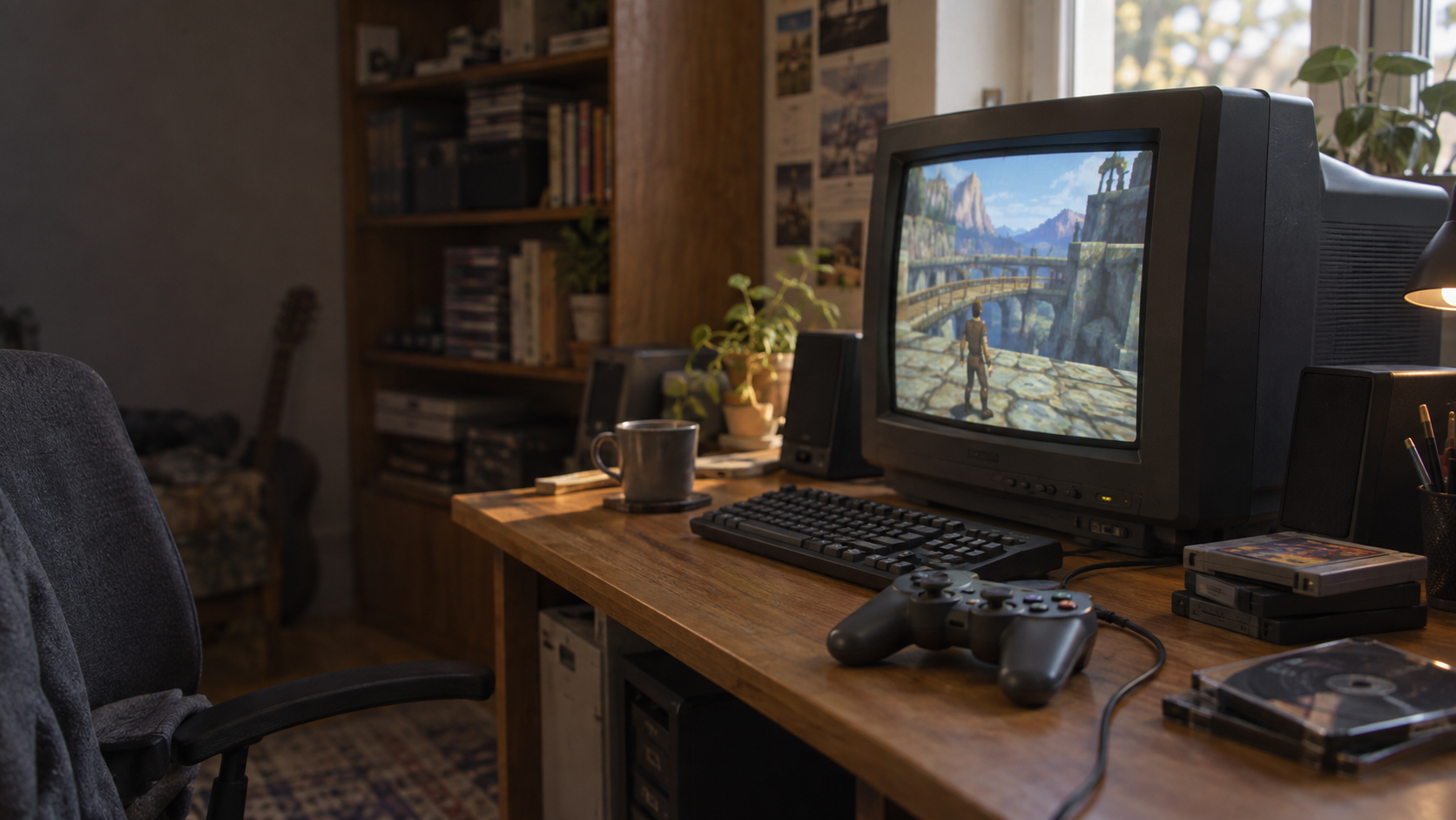 Retro-Gaming-Setup mit CRT-Monitor, PC-Controller und Konsolenspielen für Emulatoren