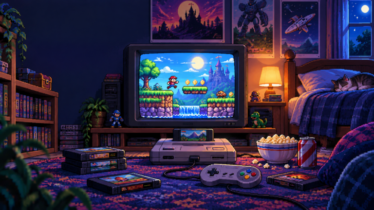 Pixel-Art-Szene mit klassischer Konsole und CRT-Fernseher