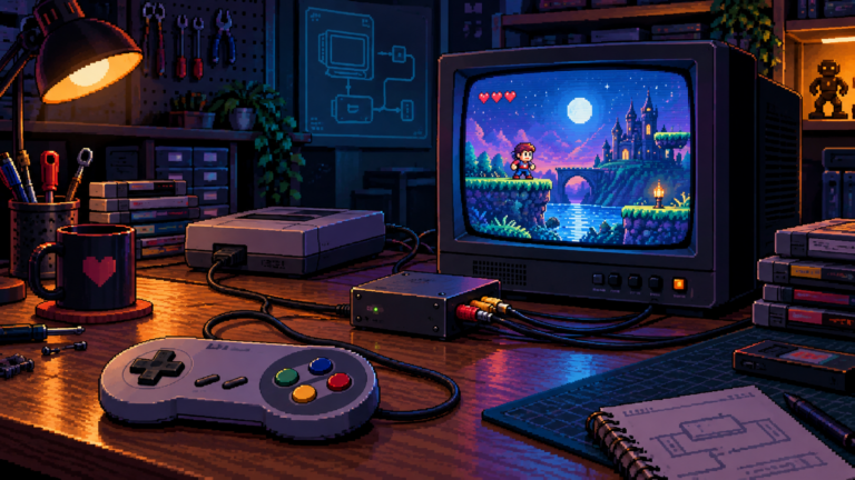 Pixel-Art-Retro-Setup mit CRT, Upscaler und Controller