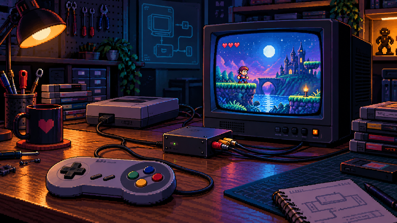 Pixel-Art-Retro-Setup mit CRT, Upscaler und Controller