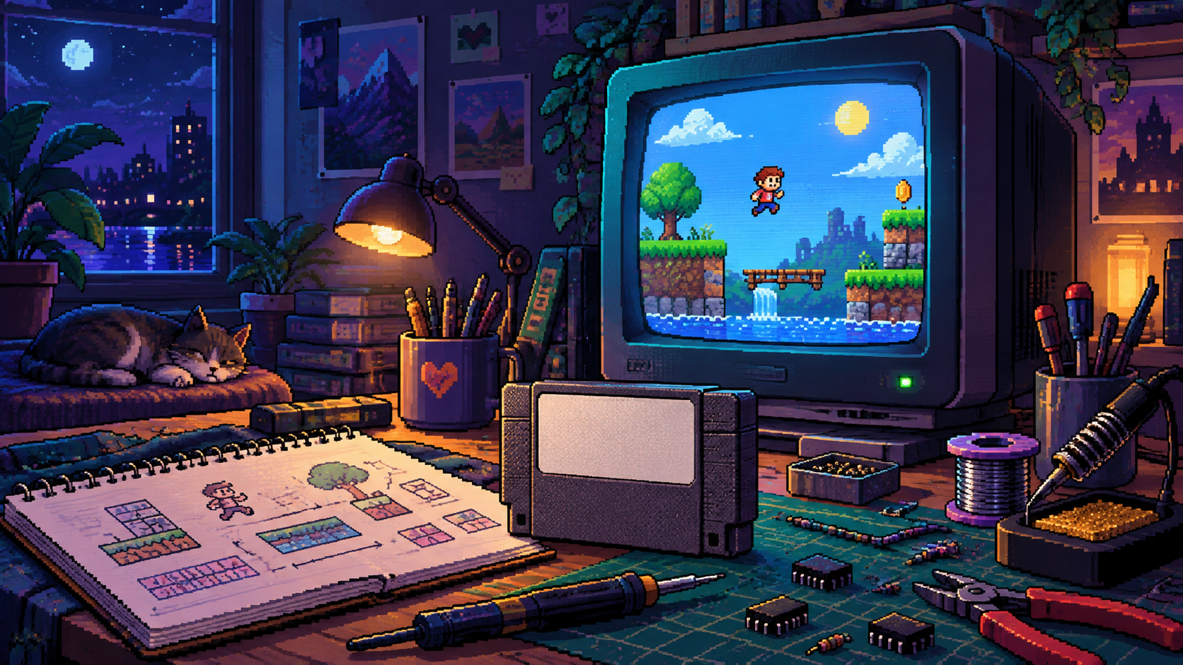 Pixel-Art-Szene einer Homebrew-Entwicklung für klassische Konsolen